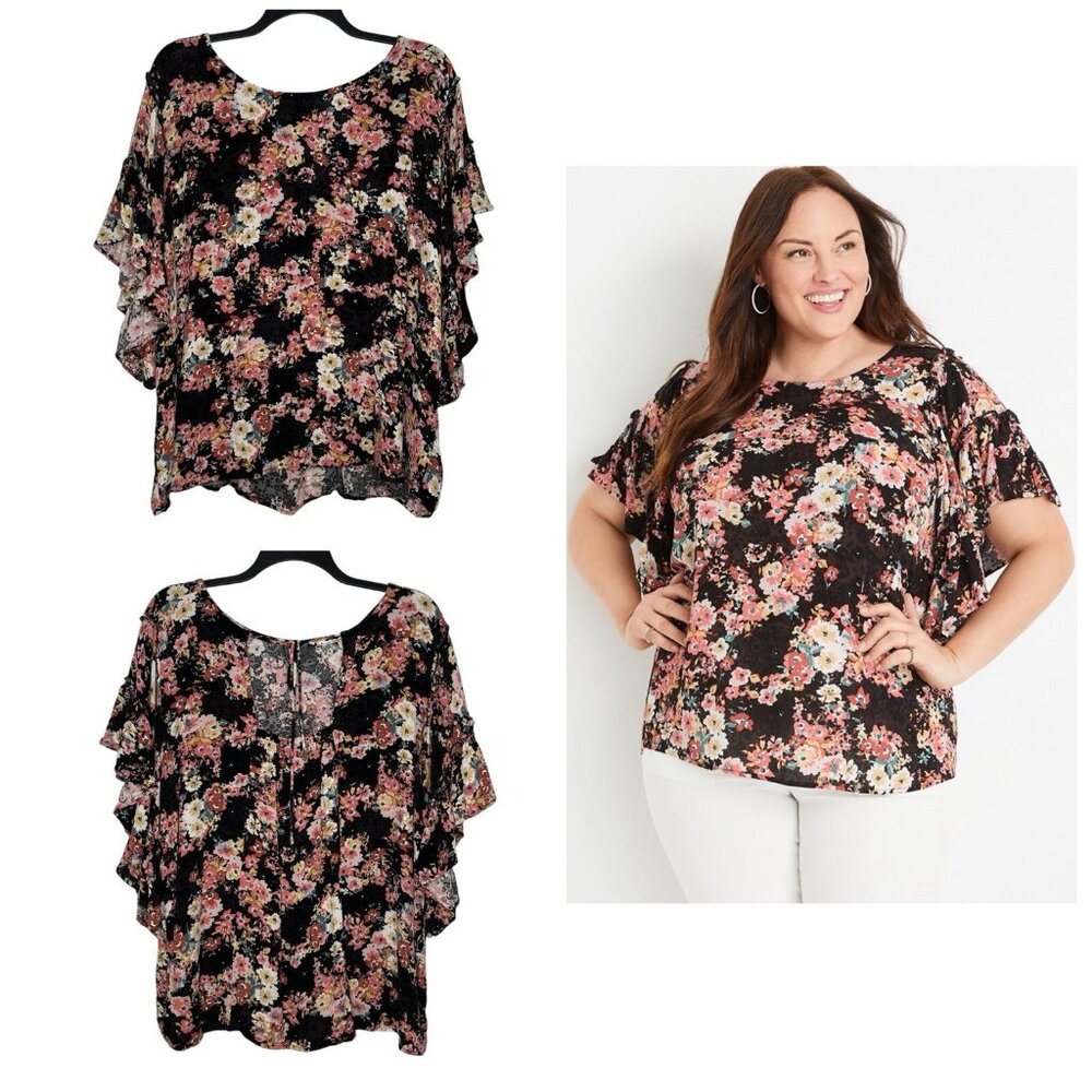 Maurices Plus Size 4X Floral Blouse Flutter Sleeve Scoop Neck Crinkle Gauze